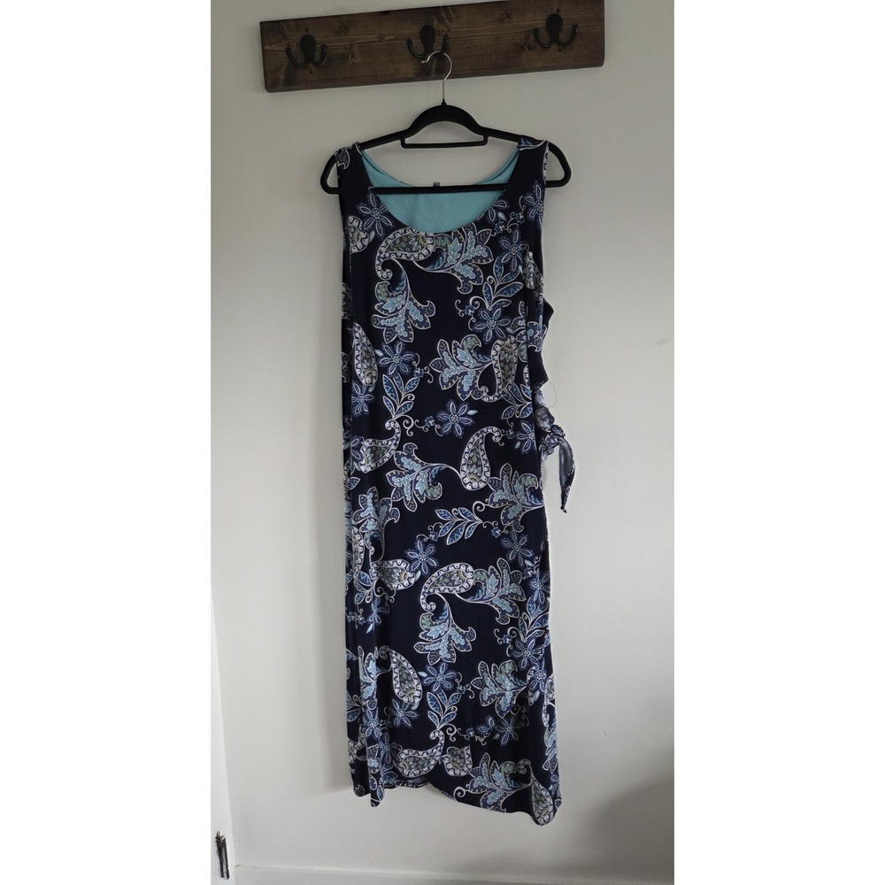 Robbie Bee Faux Wrap Maxi Blue Dress Blue Green Paisley Textured print 2X